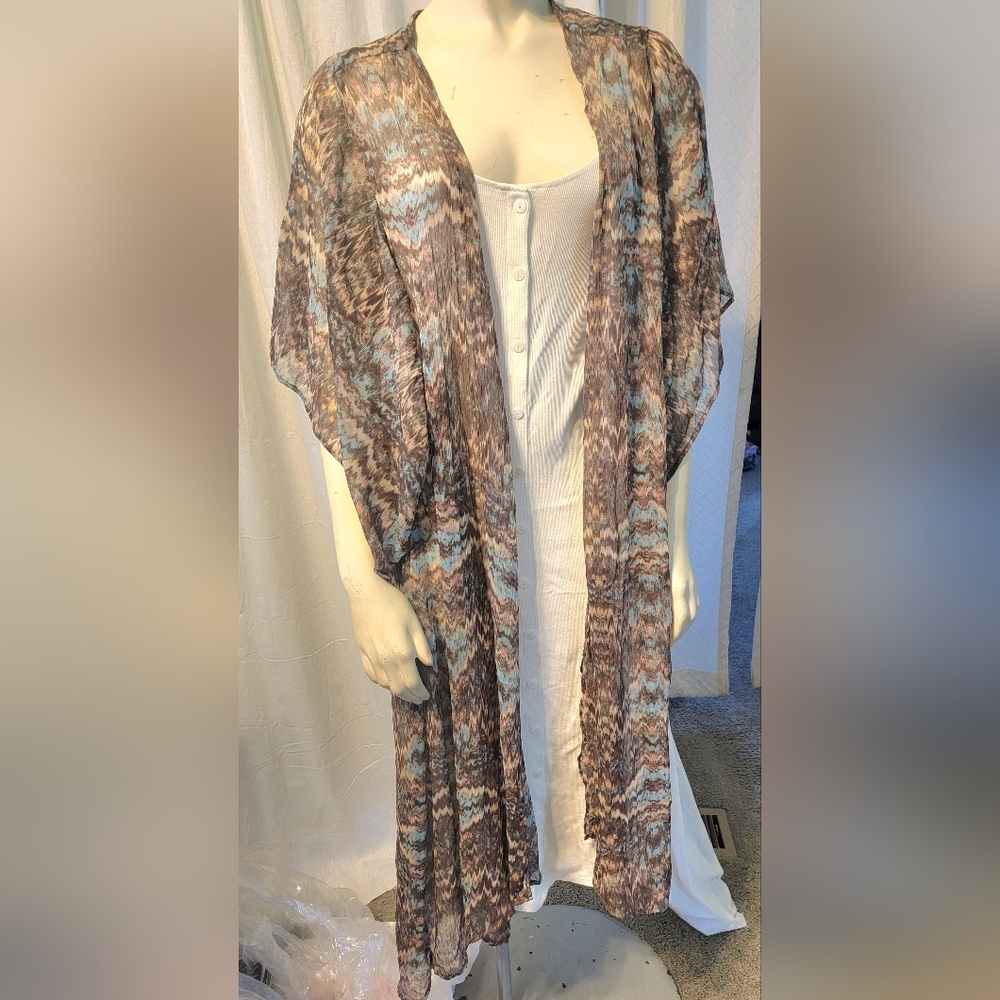 BOHO BAND OF GYPSIES hippie Kimono Duster Geometric Brown print size S